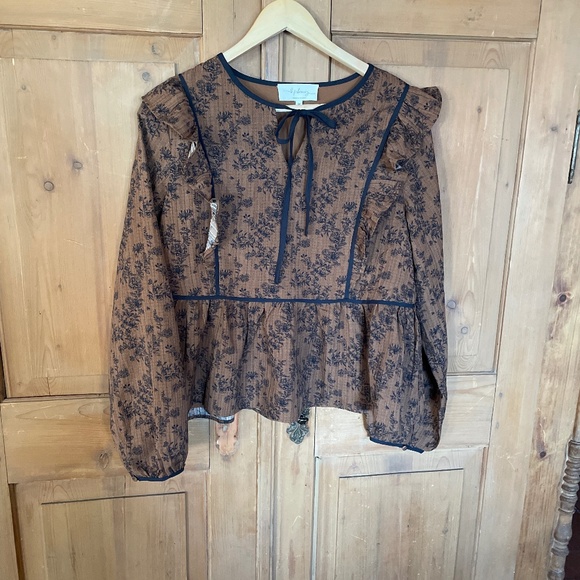 Ruffle blouse - toffee and navy print - Picture 1 of 7